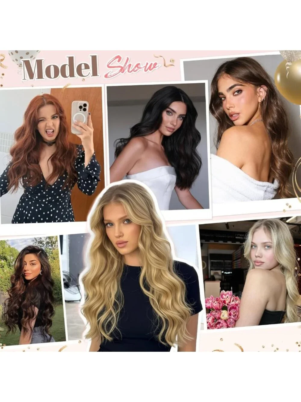 16 Inch Black Wavy Clip-In Hair Extensions - 6PCS Synthetic Hair for Volume